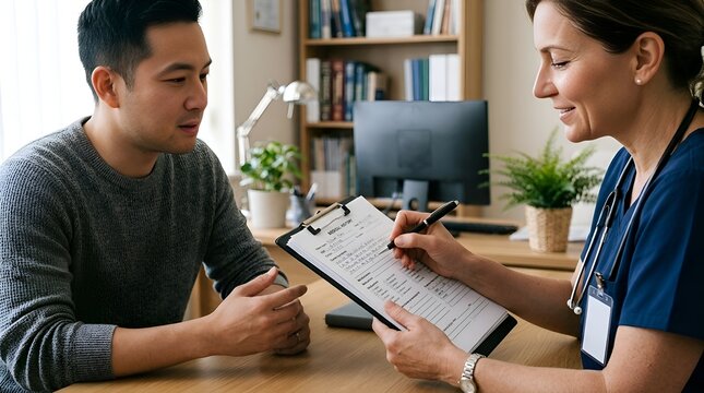 Doctor Consulting Patient, Medical Consultation, Doctor Writing on Clipboard, Health Checkup