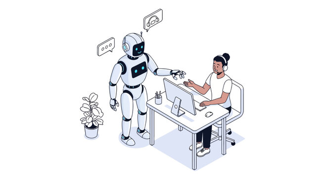 Robot and woman at office desk.