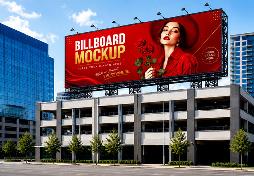 Outdoor Rooftop Billboard Mockup on City Parking Garage Building