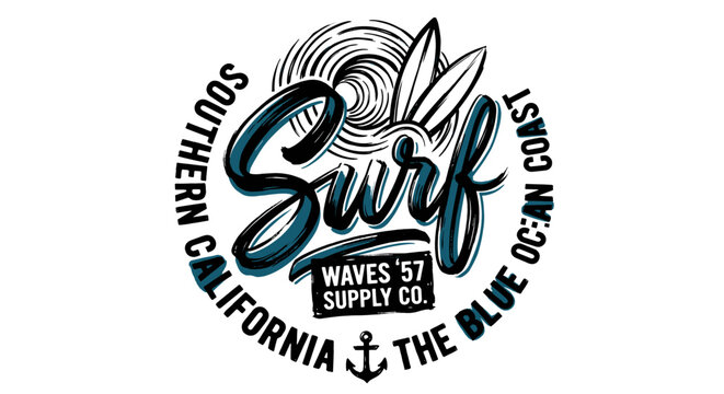 Vintage Southern California surf supply company logo design featuring hand-drawn brush lettering, two surfboards, a stylized sun, and an anchor icon on a clean white background.