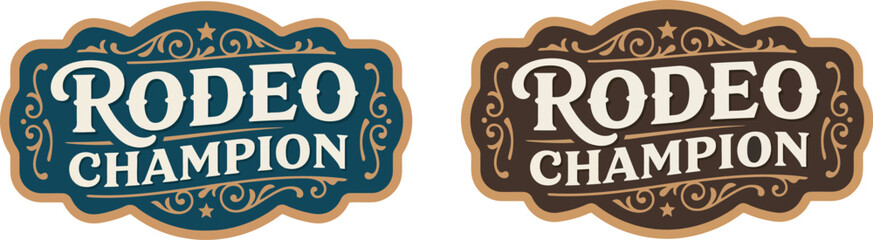 Rodeo champion vintage western badge collection with ornate cowboy label, belt buckle, bull rider medal and classic typography for ranch branding, clothing, posters, logos and retro design. ©  