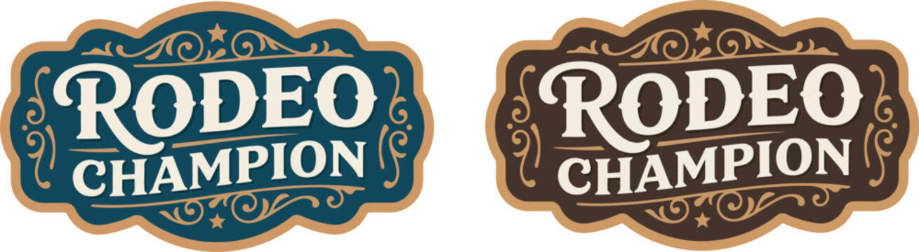 Rodeo champion vintage western badge collection with ornate cowboy label, belt buckle, bull rider medal and classic typography for ranch branding, clothing, posters, logos and retro design.