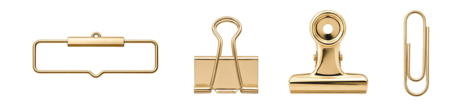 Set of Realistic Gold Stationery Clips - Binder, Bulldog and Paper Clip Collection