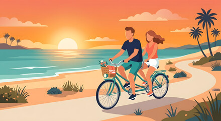 Obraz premium Flat character illustrations in summer of a couple riding tandem bike
