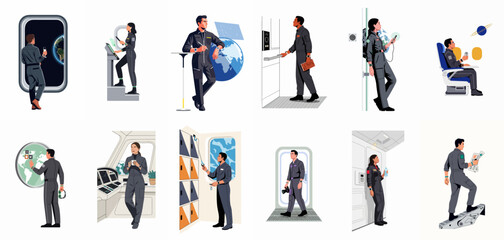 A collection of flat vector illustrations featuring diverse crew members and astronauts living and working inside a futuristic spacecraft in outer space. © Cristina