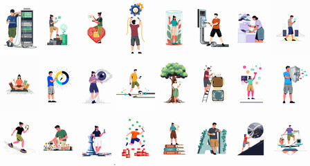 Fototapeta premium A collection of concept illustrations depicting people interacting with artificial intelligence, technology, data centers, robotics, and digital infrastructure in a modern flat design style.