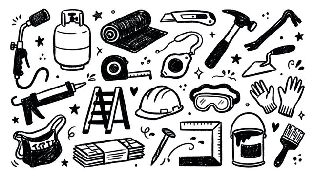 Various hand-drawn black and white construction tools and equipment are scattered across a clean white background, creating a playful doodle pattern