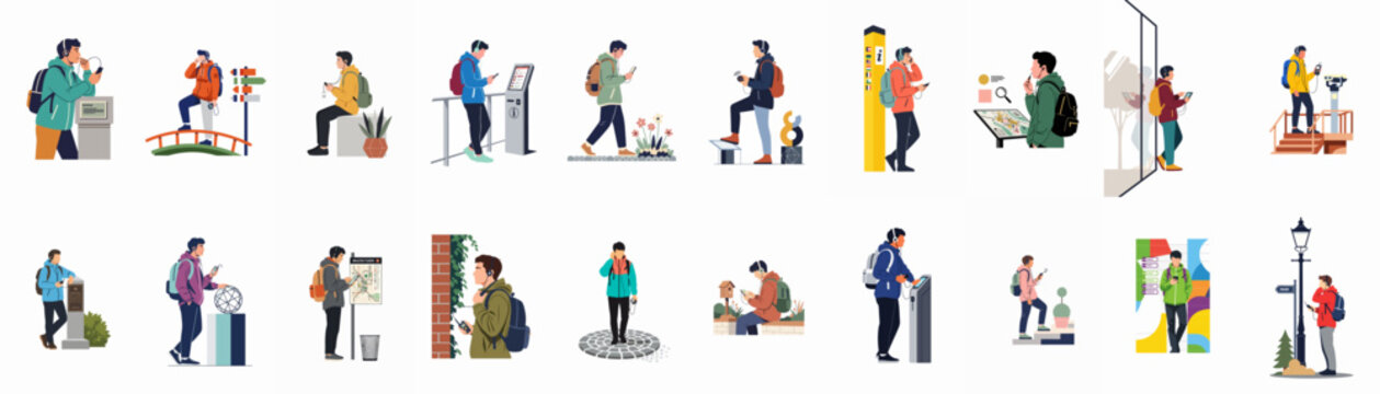 A comprehensive collection of character illustrations featuring tourists using audio guides, smartphones, and maps while exploring various museum exhibits and city landmarks.