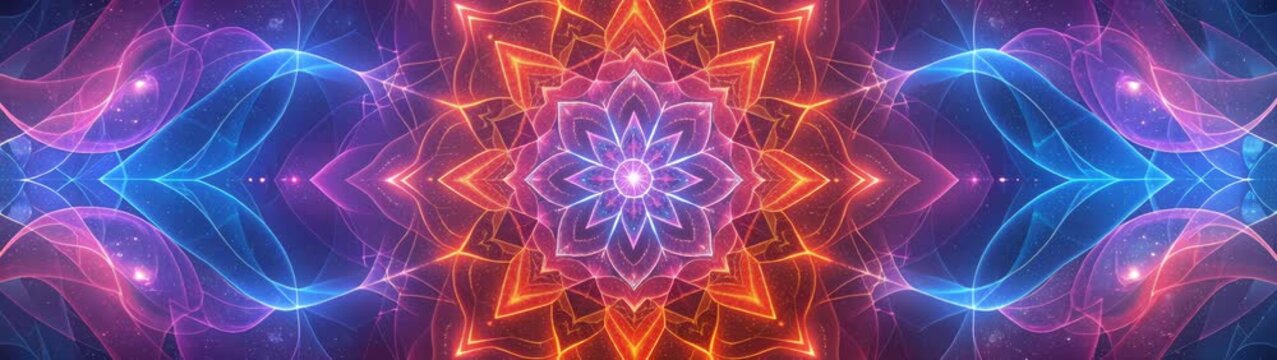 Spiritual flower pattern expanding with ornate petals and shining light symbolizing inner peace and harmony for meditation.
