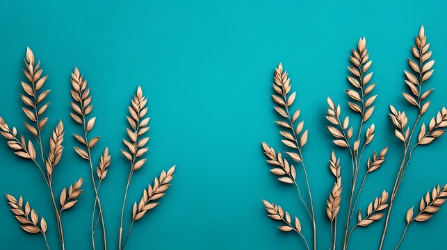 Elegant Wheat Spikelets Arrangement on Bright Blue Background for Floral and Agriculture Themes