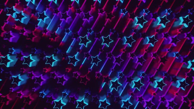 Futuristic abstract wall with glowing geometric stars. Seamless VJ loop of a rhythmic digital structure and pattern, creative motion background for electronic music festivals and stage displays.