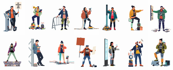 Fototapeta premium Collection of futuristic activists protesting for neural privacy and digital rights in a cyberpunk setting, featuring diverse characters with tech gadgets and signs.