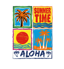 Retro vintage summer aloha graphic illustration featuring tropical palm trees, a bright sunset, and ocean waves in a colorful four-panel grid layout perfect for a beach t-shirt design print. © Muhammad