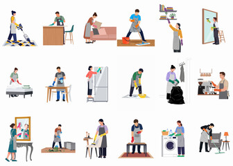 Fototapeta premium Diverse Collection of Professional Cleaners Performing Various Domestic Household Chores and Maintenance Tasks, Flat Vector Illustration Set