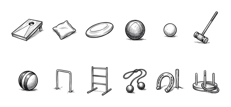 Various hand-drawn black and white outdoor game elements, including cornhole, frisbee, bocce balls, croquet mallet, ladder toss, and horseshoes, isolated on a clean white background