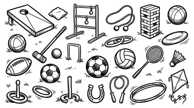 Various hand-drawn outdoor game elements and sports equipment are scattered across a white background with grass details, depicted in a playful doodle style