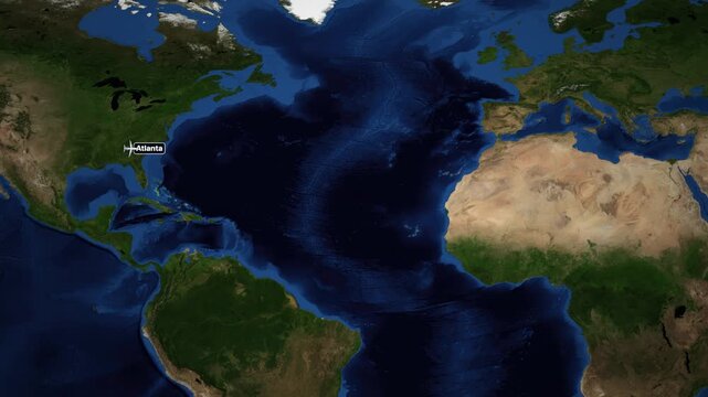 Animated Flight Route Map from Atlanta to Munich Over Atlantic Ocean