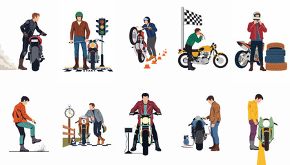 Fototapeta premium Set of flat vector illustrations featuring motorcyclists in various scenarios including racing, maintenance, and performing stunts on different motorcycles.