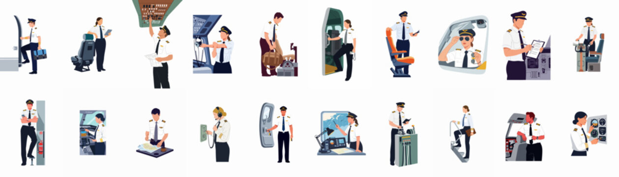Collection of diverse male and female airplane pilot characters performing various professional aviation tasks and activities in a flat vector illustration style.