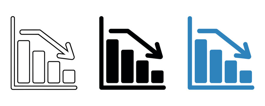 Declining Bar Chart Icon Set with Downward Trend Arrow Business Analytics Vector Collection