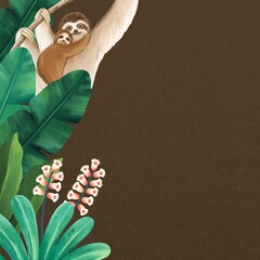 Fototapeta premium Brown wildlife border background, sloth illustration