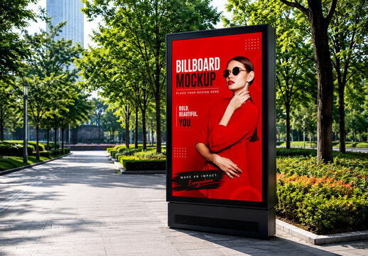 Realistic Vertical Advertising Billboard Mockup on Sunny Park Walkway