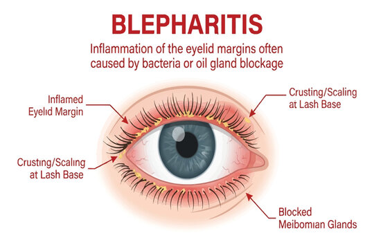 Inflamed eyelid margin with crusting and blocked oil glands illustration.