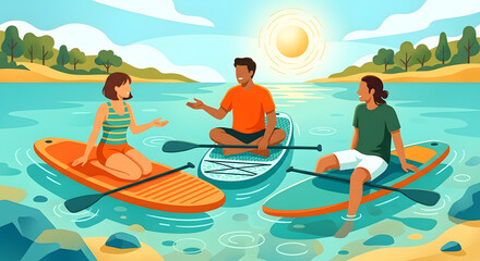 Obraz premium Flat character illustrations in summer of friends on paddleboards
