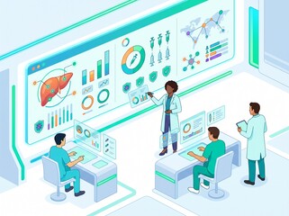 Naklejka premium Team of Medical Professionals Analyzing Digital Health Data in Modern Tech Office