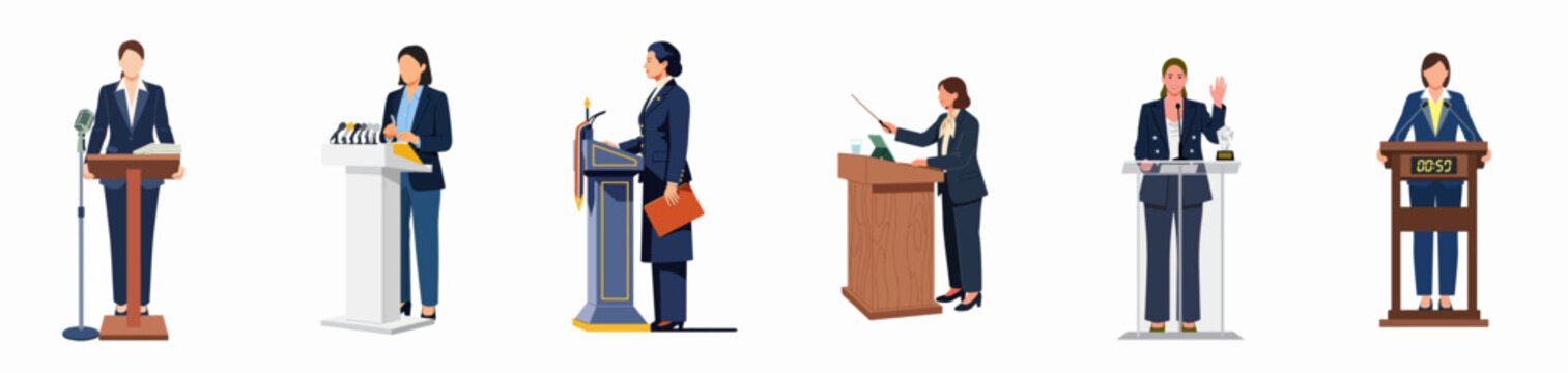 Set of diverse professional women giving speeches and presentations at various podiums, isolated on a white background.