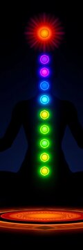 Silhouette meditation posture with seven chakra energy points glowing along spine, colorful aura, and relaxed lotus position, glow, wellness