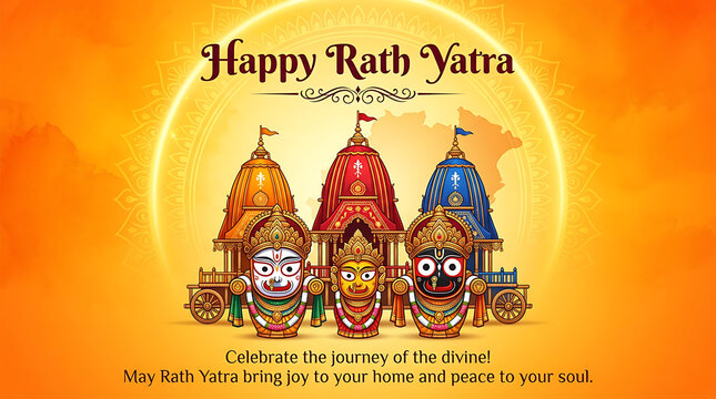 Happy Rath Yatra Wishes Banner - Lord Jagannath, Balabhadra, and Subhadra Chariot Festival Greeting