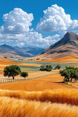 Obraz premium Golden wheat field and rolling hills under blue sky with fluffy clouds in a rural landscape