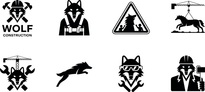 Wolf construction industrial logo mascot set featuring wolf characters with hard hat wrench hammers crane and safety goggles vector