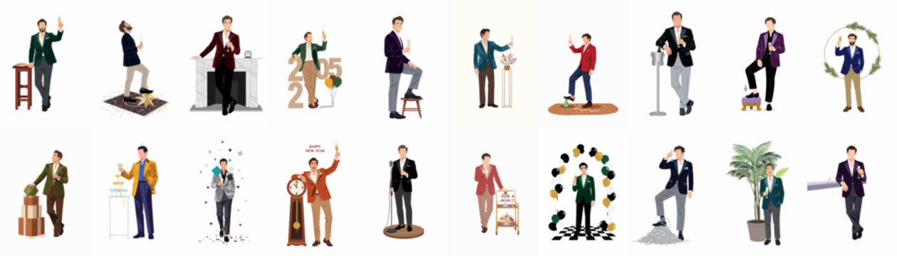 Collection of fashionable men in stylish suits celebrating festive occasions like New Year's Eve with champagne, balloons, and decorations in a flat illustration style.