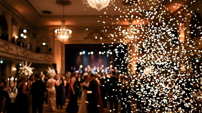 Golden confetti falling at an elegant wedding gala in a ballroom