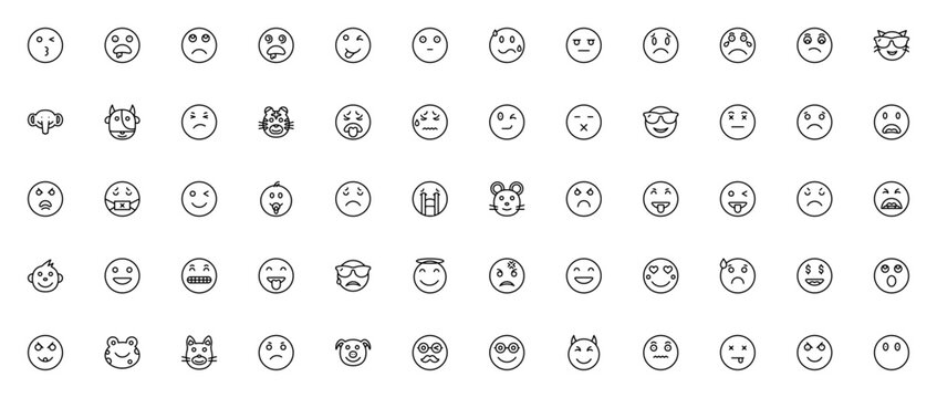 Emoticons icon set. Minimal vector icons pack. Featuring Happy, Sad, Angry, Wink, Confused, Surprised, Crying, Cool, Cat, Baby, Money and more.