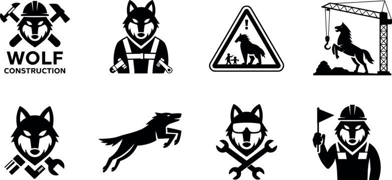 Wolf construction industrial logo mascot set featuring wolf characters with hard hat wrench hammers crane and safety goggles vector
