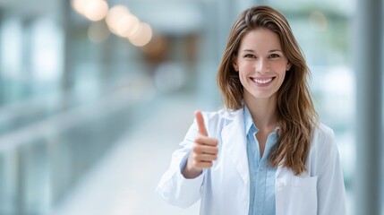 Fototapeta premium Confident Health Professional: A smiling female doctor wearing a white lab coat gives a thumbs-up, exuding confidence and reassurance in a modern medical facility.