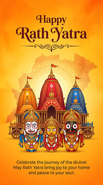 Happy Rath Yatra Wishes Banner - Lord Jagannath, Balabhadra, and Subhadra Chariot Festival Greeting