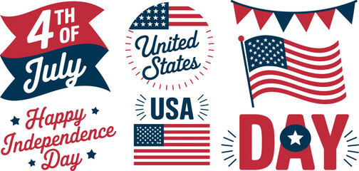 Obraz premium United States 4th of July Independence Day vector element set featuring waving American flags ribbons bunting garlands and stars