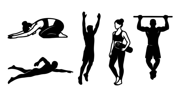 Fitness and Outdoor Sports Silhouette Set, Swimming Pullups and Yoga Vector Elements