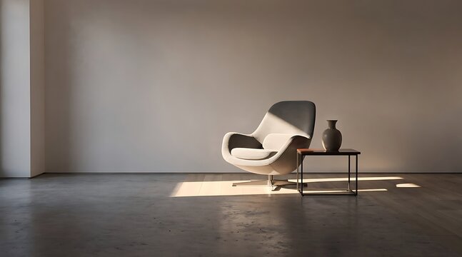 Minimalist living room with modern armchair and side table in sunlight.
