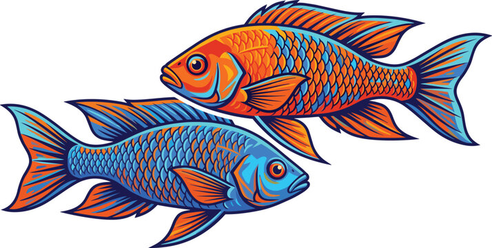 Pair of African Cichlid Fish with Vibrant Blue and Orange Scales Swimming Together Isolated Vector Illustration on White Background