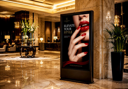 Vertical Digital Billboard Mockup in Luxury Hotel Lobby