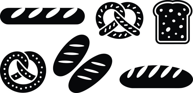 Bread and Pretzel Black Silhouette Collection with Bakery Food Vector Icon Set