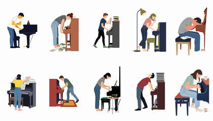 Set of illustrations showing diverse musicians and students experiencing frustration, exhaustion, and creative block while practicing piano or composing music. © Payandu