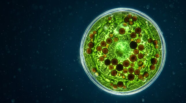 Fermented microalgae cells with biopolymer granules, green stained-glass backlit macro, sustainable biochemistry