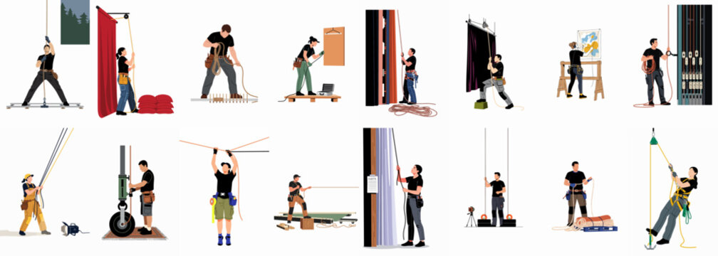 A collection of flat illustrations depicting theatre riggers and stagehands performing various rigging and technical tasks behind the scenes of a production.