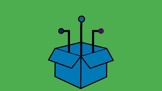 Digital product icon featuring open cardboard box and digital line symbols. Visual representation of digital delivery and modern technology services.